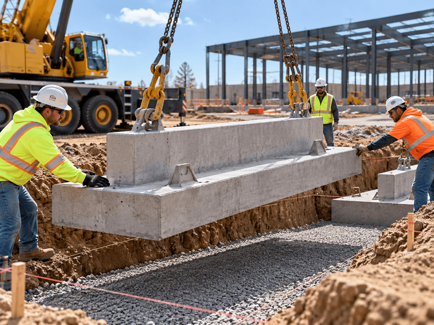 Concrete foundation components and precast elements prepared at a warehouse construction site