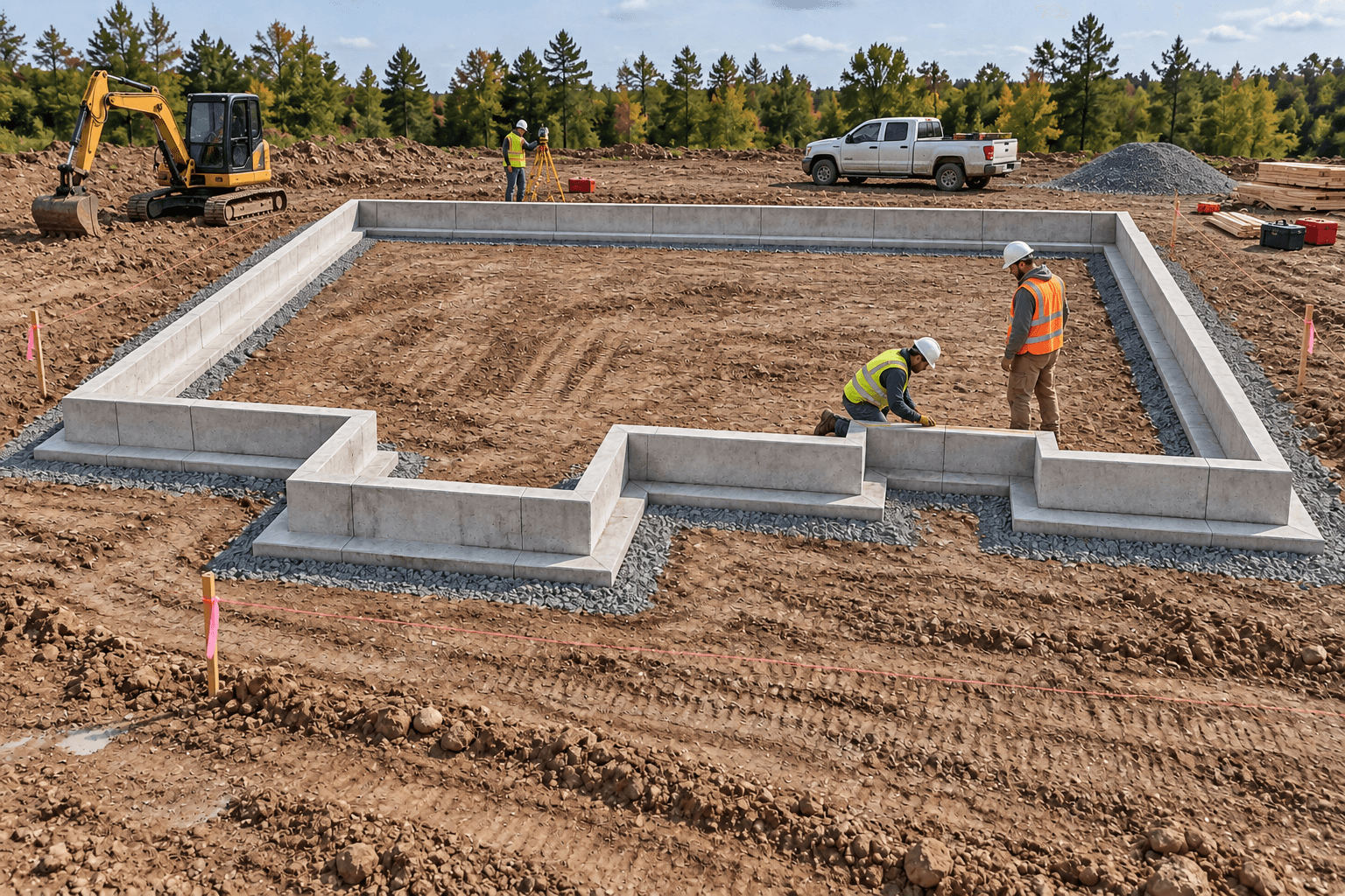 Concrete foundation components and precast elements prepared at a warehouse construction site